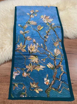 55''X13''Magnolia Blossoms Print Pure Mulberry Crepe Silk Long Scarf 140cmX35cm