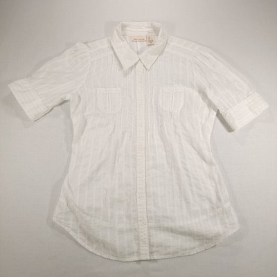 DKNY Jeans Button-Up Blouse Size L White Striped Cotton Blend Women's Good Cond.