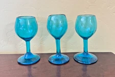 Mexican Hand Blown Turquoise Bubble Glass Cordial Glasses - Set of 3  