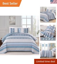 Boho Quilt Set Queen Size Blue Striped Microfiber Bedding 3 Pieces