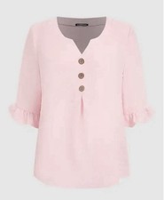 Flamingals Swiss Dot Button Front Ruffle Trim Half Sleeve Notched Neck Blouse L