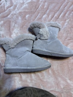 BEARPAW Girls Gray Suede Faux Fur Lined Pull-On Ankle Bootie US 5 EU 35