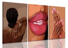 3Pcs Black Girl Wall Art Pink Framed Decor African Woman Canvas Prints Fashio...