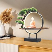 Buddha Statue Circle Lamp Tabletop LED Lighting Light with Green Artificial Tree