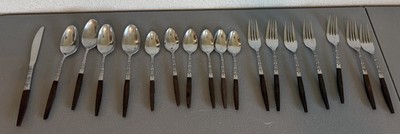 18 VTG MCM Piece Interpur Stainless Steel Flatware Wood Handles Japan