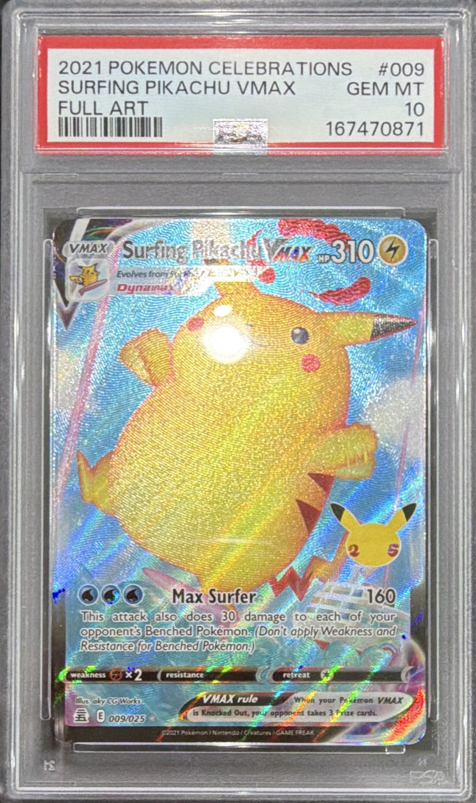 2021 The Pokémon Company Celebrations Surfing Pikachu VMAX 009/025 Holo PSA 10