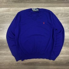 Vintage Polo Ralph Lauren Sweater Mens Large Blue Merino Wool V Neck Soft Knit