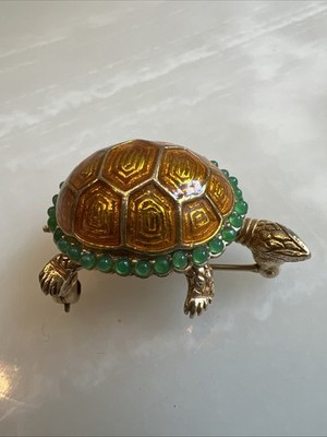 Vintage Ciner Turtle Tortoise Enamel Faux Seed Jade Bead Brooch Pin~ Signed