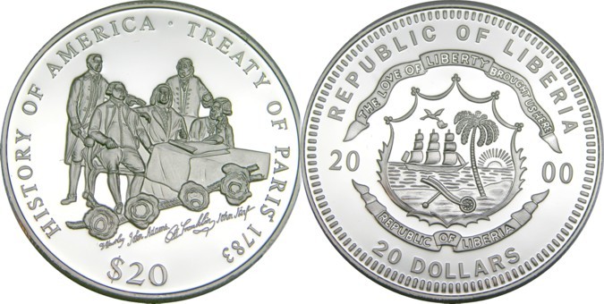 elf Liberia 20 D 2000 Am History Treaty of Paris 1783 American Revolution Silver