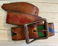 VINTAGE 1960  s/1970  s hand tooled/painted leather belt w/ brass buckle- 32  -36  