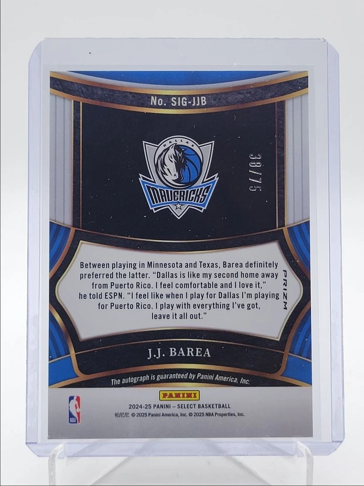 J.J. BAREA 2024-25 SELECT SIGNATURES PURPLE PRIZM MAVERICKS /75 Q6027 - Image 2 of 2