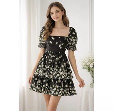 Alice + Olivia Floral Mini Dress Black White Roses Puff Sleeve Tiered SZ 2 $440
