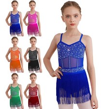 Kids Girls Fringe Latin Rhinestone Bodysuit Tassel Modern Ballroom Dance Dress