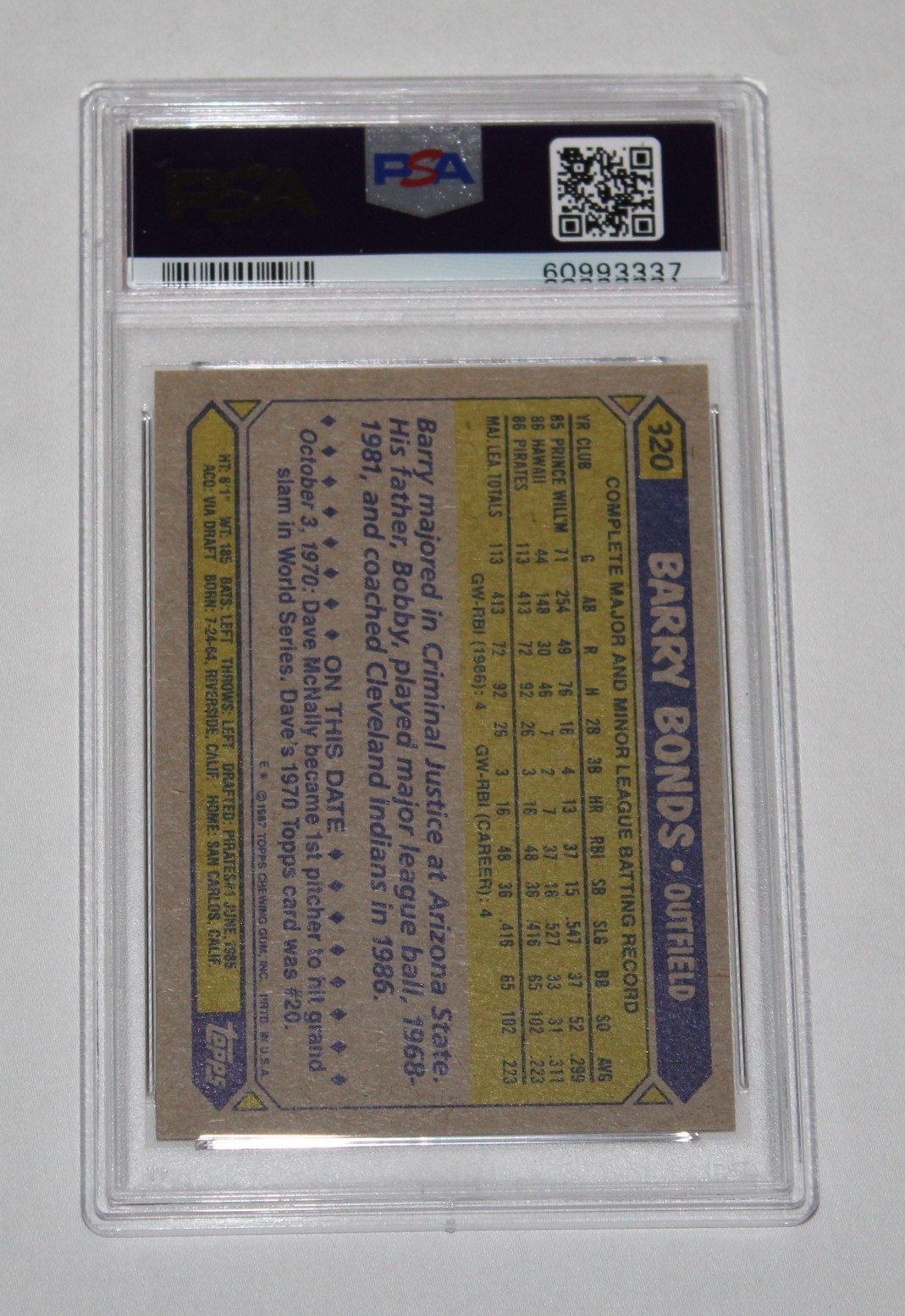 1987 Topps Baseball Card #320 BARRY BONDS Pirates ROOKIE RC PSA 8 NM-MT view 2