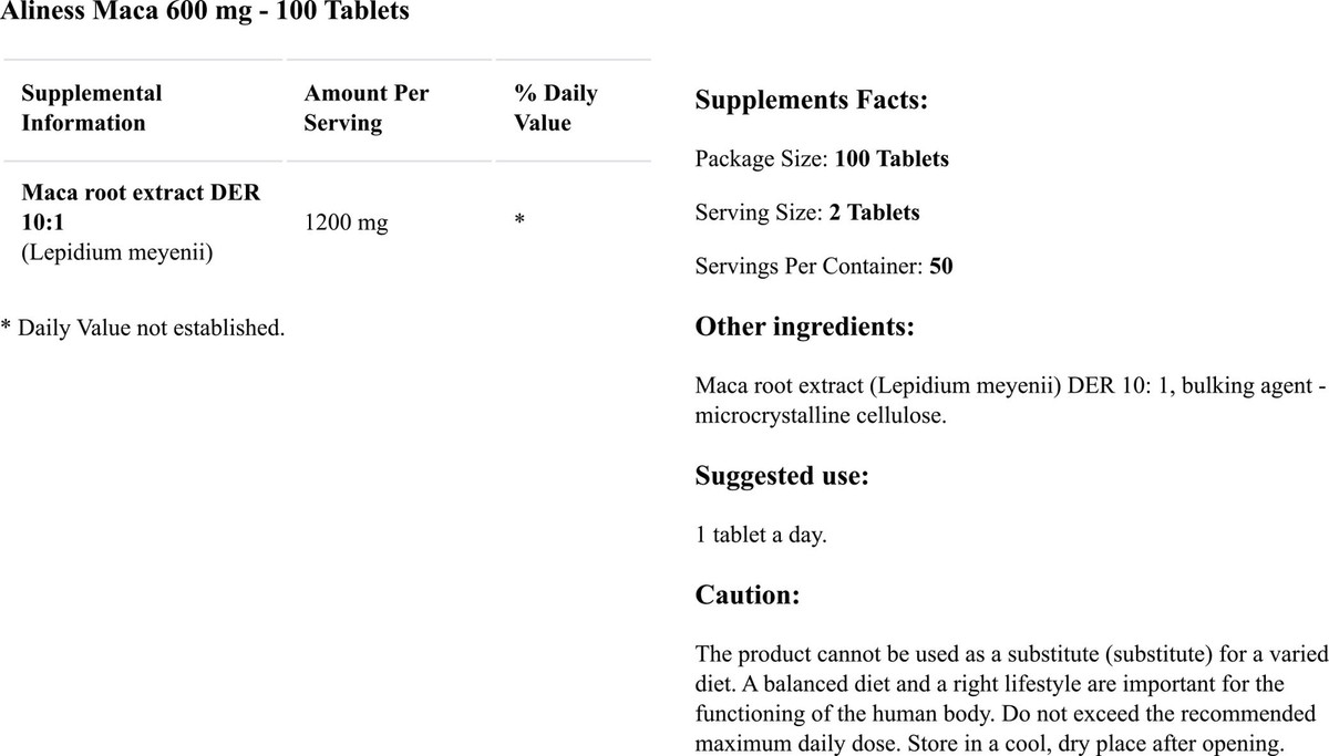 Complément Alimentaire Maca 600 Mg Par Comprimé - Boîte De 100 Comprimés Aliness