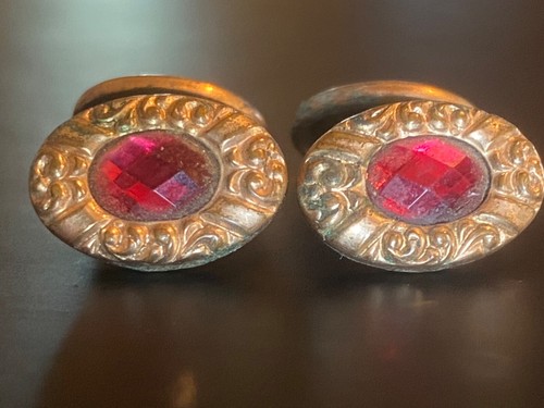ANTIQUE CUFFLINKS GOLD TONE VICTORIAN FLORAL RED STONE ESTATE MEN JEWELRY GIFT - Picture 7 of 13