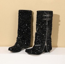 Glitter Sequin Clubwear Party Boots Womens Block Heel Pull On Knee High Boots Sz