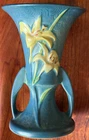 Vintage Roseville Zephyr Lily #132-7 Blue Green Double Handled Vase Excellent