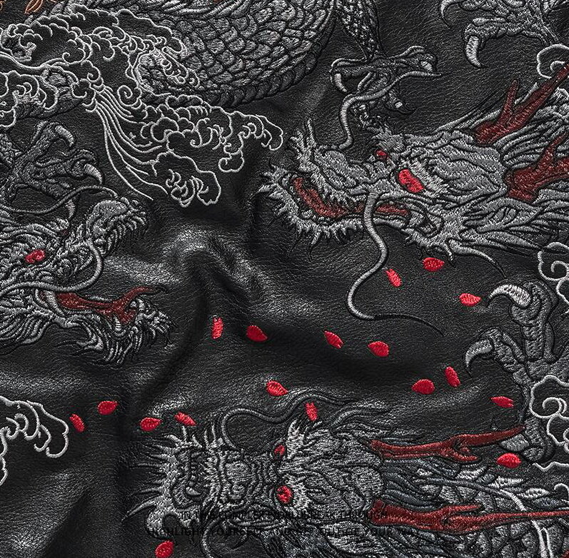 Mens Japanese Pattern Embroidery Dragon Faux Leather Warm Varsity