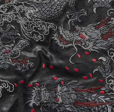 Mens Japanese Pattern Embroidery Dragon Faux Leather Warm Varsity