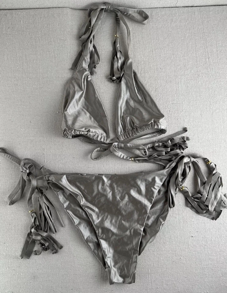 Montoya Metallic Silver/Gold Triangular Bikini Women’s Sz M-L Shiny Tassels Tie - Image 3 of 4