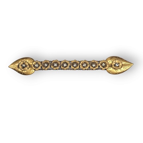 Antique Sash Belt Buckle Flower Leaves Art Deco Rhinestone Brass Ribbon 7.5"