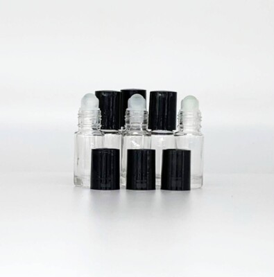 6 Bottles Clear 1/6 oz, 5 ml GLASS Roll On Bottle With Black Cap & Roller New !