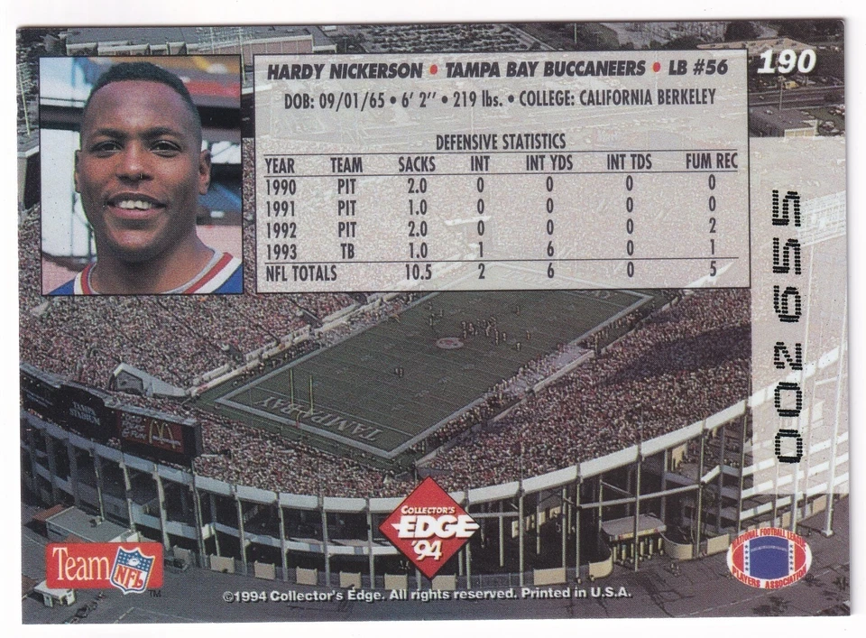 1994 Collector's Edge 1st Day Gold Hardy Nickerson #190 Tampa Bay Buccaneers - Image 2 of 4