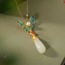 White Jade Butterfly Pendant Choker Charms Necklace 925 Silver Jewelry Natural