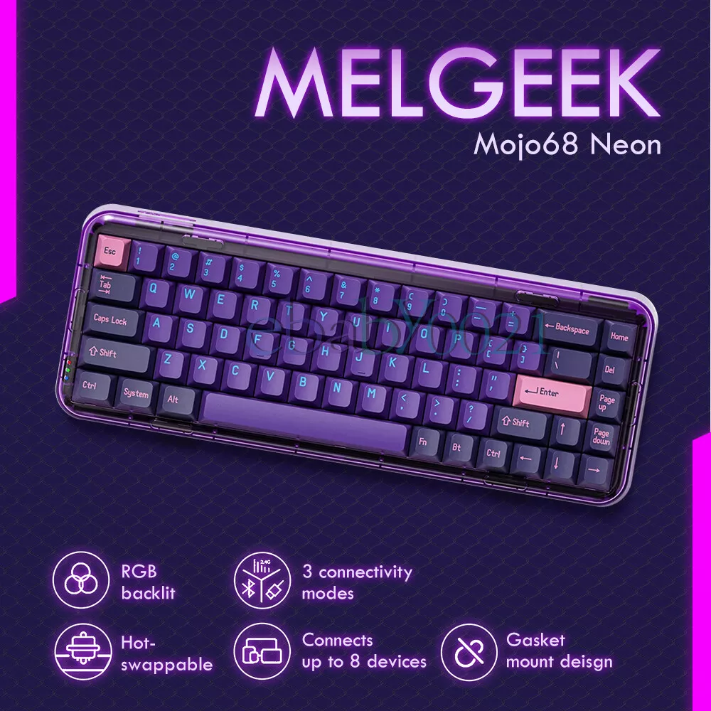 MelGeek Mojo68 Neon Wireless Mechanical Gaming Keyboard RGB Gateron 68keys