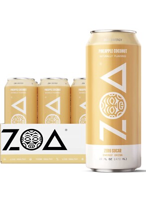 ZOA Zero Sugar Healthy Positive Energy Drink,Pineapple Coconut, 16oz (12 Pack)