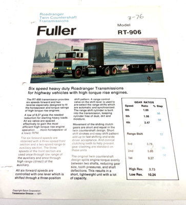 Fuller RT906 6 Speed Transmissions Brochures Heavy Truck | eBay