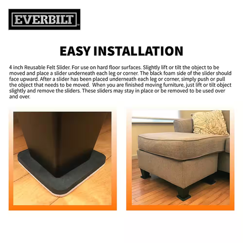 Nuevo paquete de 4 deslizadores cuadrados para muebles de fieltro de 4" - beige/negro, para pisos duros - Imagen 3 de 5