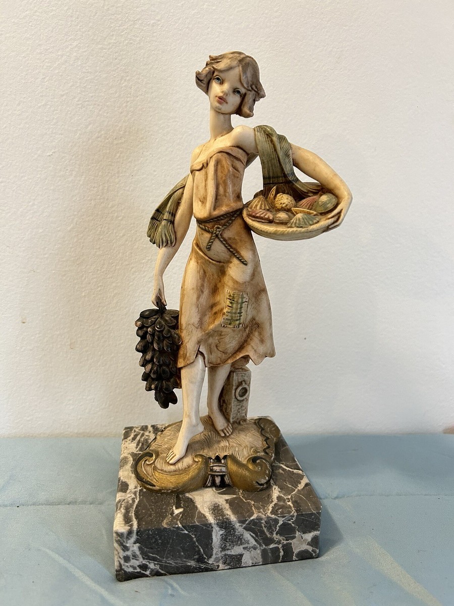 Antique genuine carrara marble made in Italy woman figurine basket