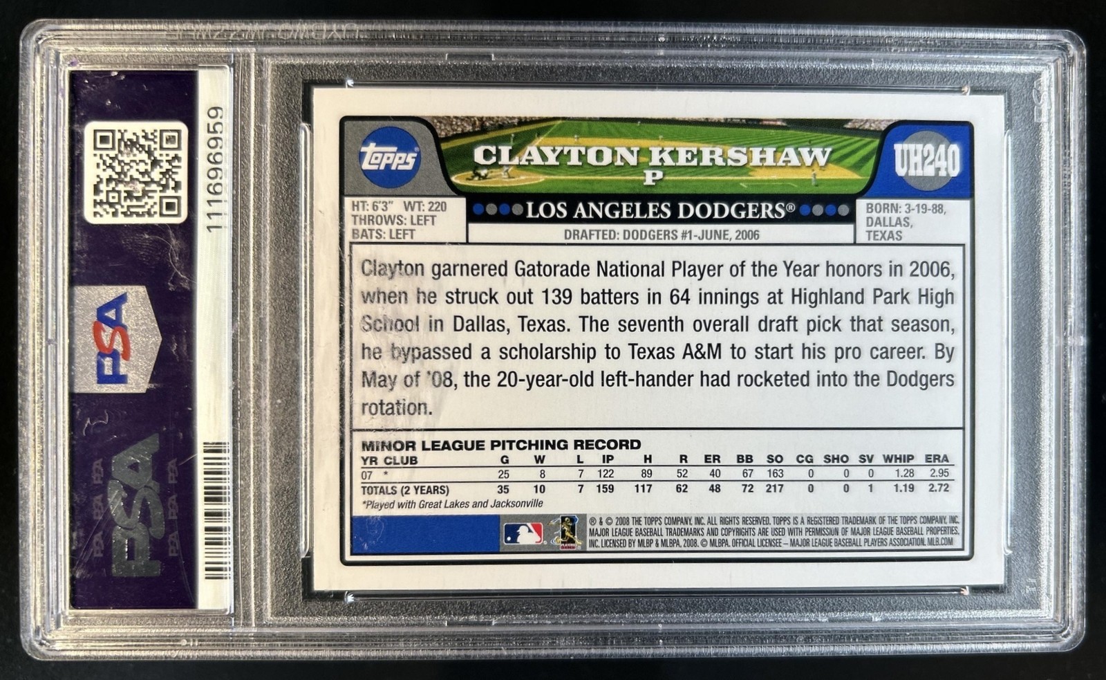2008 Topps Updates & Highlights Clayton Kershaw Rookie RC #UH240 Dodgers PSA 9 view 2