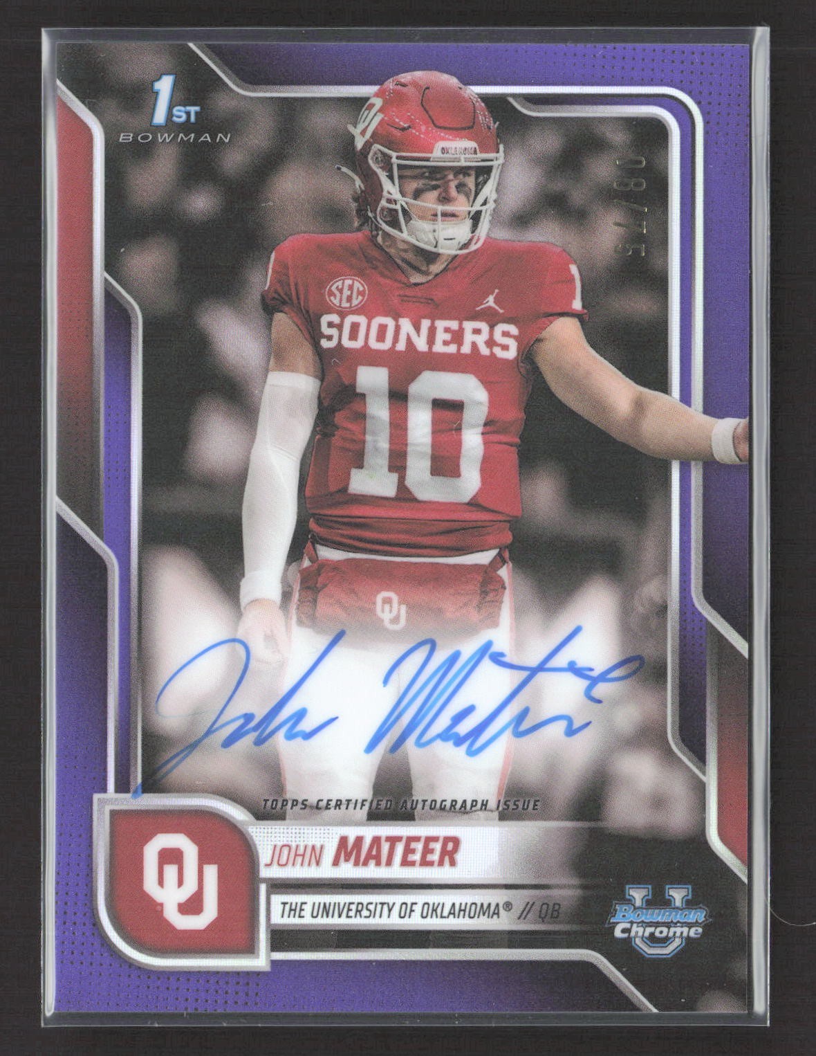 2025 Bowman Chrome University John Mateer 1st Purple Refractor Auto /75 #BCA-JM