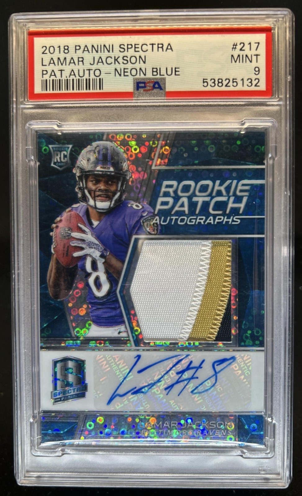 2018 Panini Spectra Lamar Jackson Patch Neon Blue Auto RC #/75 Ravens PSA 9