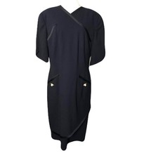 NWT Vintage Louis Feraud Size 12 Deep Navy Bkue 100% Wool Career Luxury Dress