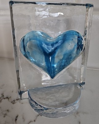 Lisbeth Dahl Tealigth Holder Blue Heart Glass Heavy Beautiful Art Glass