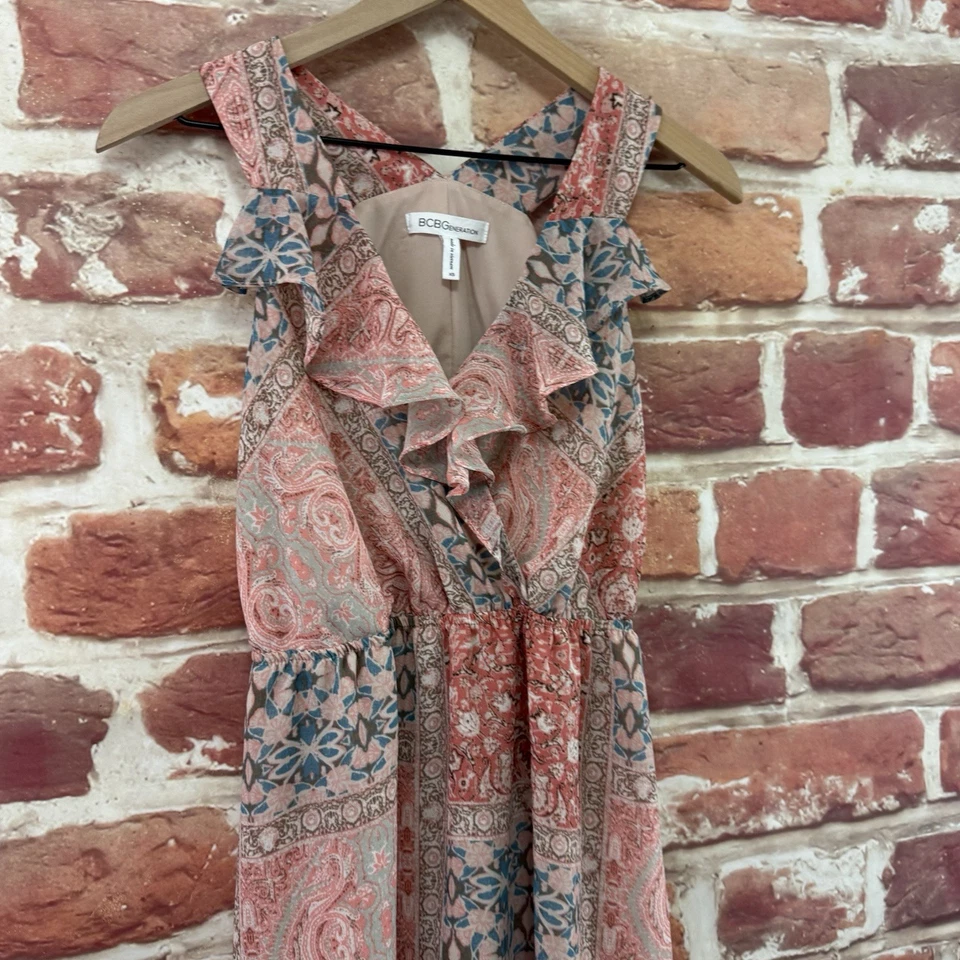 Vestido Bcbgeneration Mujer XS Multicolor Boho Floral Abstracto Volantes Popover Foto 3 de 4