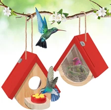 2 Pack Hummingbird Houses with Feeder Wooden Hanging Bird House Outside