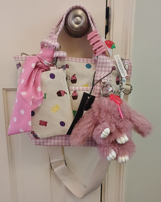Madden Girl Tote Bag Gingham Candy Bear Charms Coquette Coin Purse Plush Bunny