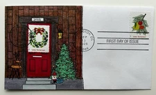 2025 Holiday Cheer FDC Hand Drawn Cachet Extension Art 2 Stamps Wreath As Decor
