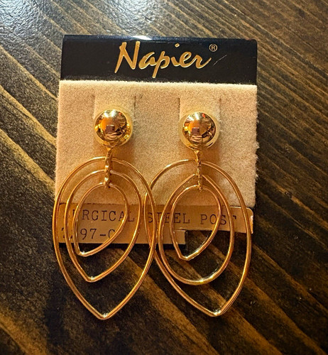 Napier Gold Tone Teardrop Dangle Earrings Surgical Steel Posts Signed