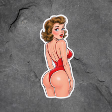 Pinup Girl Sticker Vinyl Decal Retro Red Swimsuit Back Pose Cartoon Bombshell