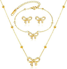Bow Necklace Earrings Bracelet Gold Jewelry Set Trendy Bowknot Ribbon Choker Nec