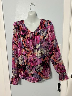 NWT BCX 2pc Floral Multi-Color Keyhole Tied LS Blouse with Black Cami    Size XL