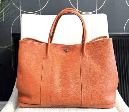 HERMES Authentic Garden party PM Tote Bag Orange Negonda Leather Silver Hardware