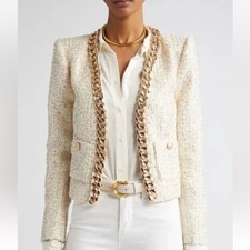 L'AGENCE br Greta Chain Detail Sequin Tweed Jacket - Champagne/Gold NWT Size 2