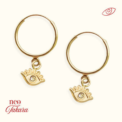 14ct Solid Yellow Gold Huggie Hoop Dainty Earrings with Dangle Eye Charms Boho